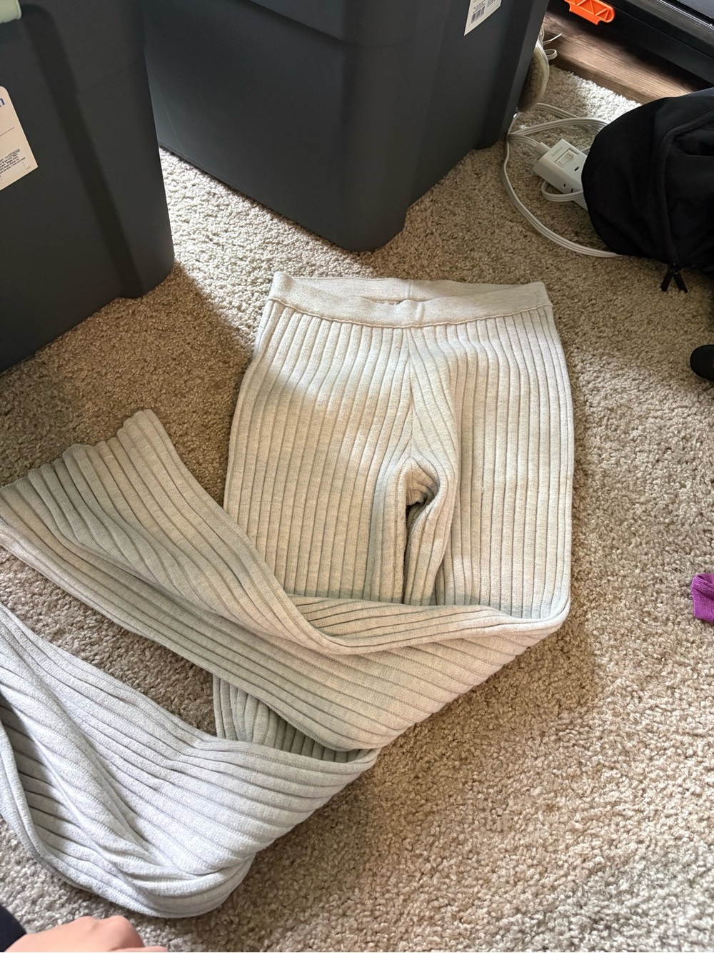 aerie Ribbed Wide-Leg Knit Pants in Light Gray